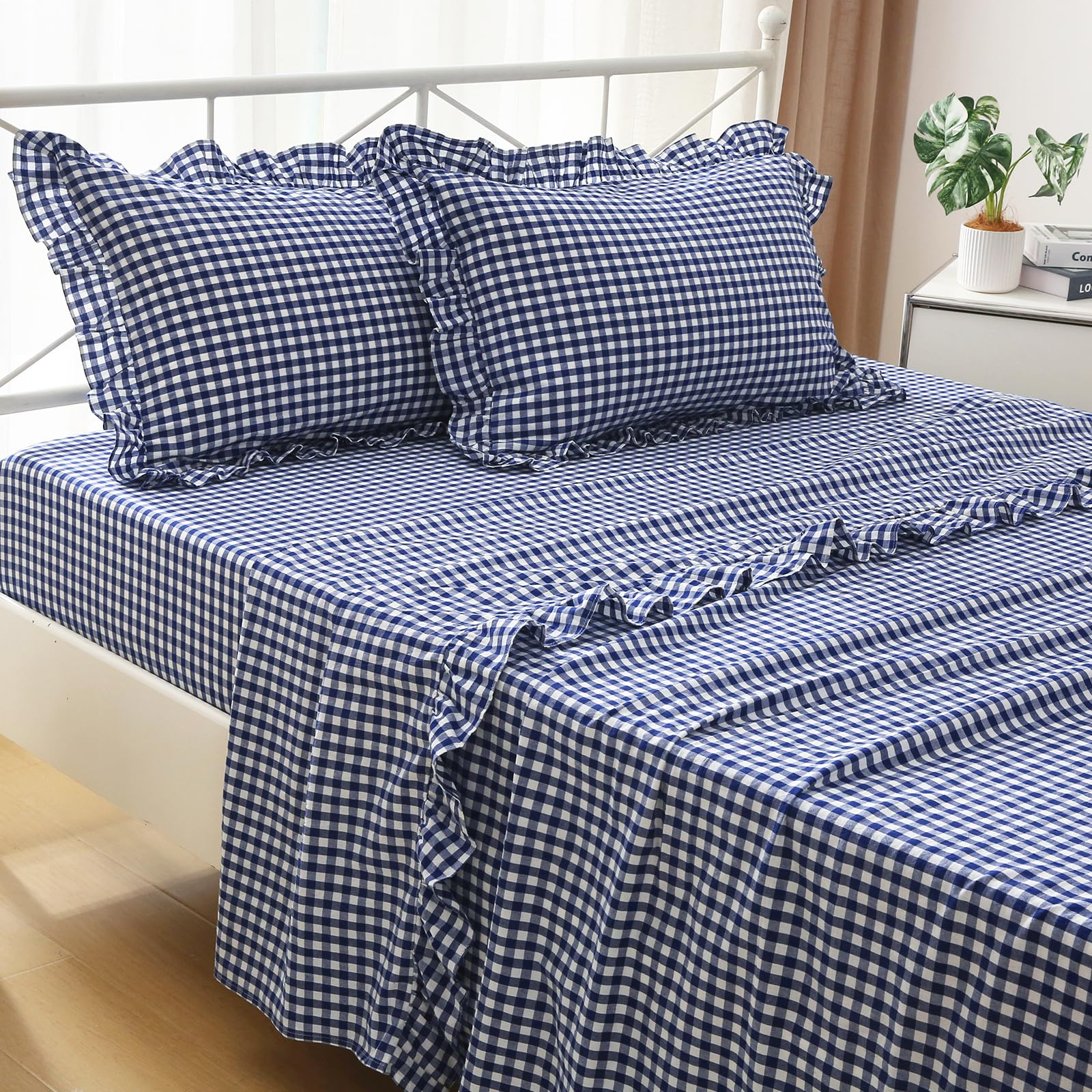 K MASANIJI Navy Blue Ruffle Gingham Sheets Twin XL Size 4-Piece Set, 300TC 100% Yarn Dyed Linen Feel Cotton Sheets 18 in Deep Pocket Kids Preppy Decorative Sheets (Navy Blue/White Plaid, Twin XL)