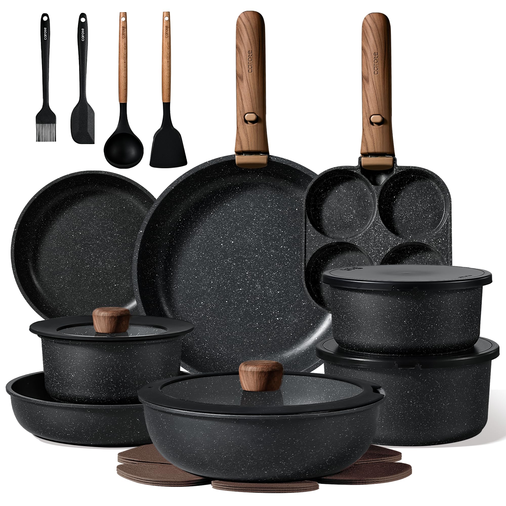 Photo 1 of *** CHECK COMMENTS***      CAROTE 25pcs Pots and Pans Set Non Stick, Cookware Sets, Kitchen Set, Oven/Dishwasher/Fridge Safe, Space Saving Pots Set, Nonstick Set with Versatile Detachable Handle, Induction RV Set, Black