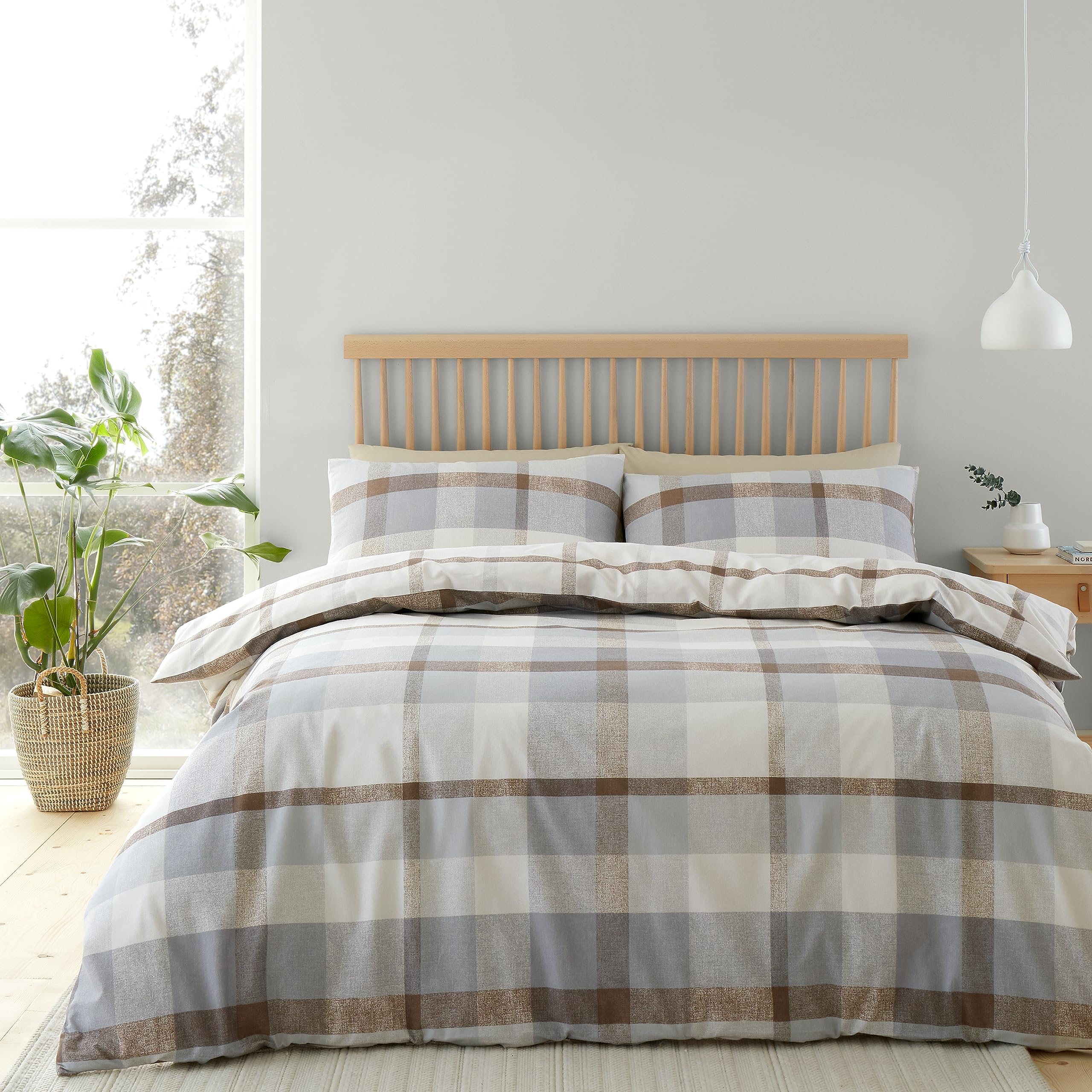 Catherine Lansfield Brushed Cotton Check Reversible Double Duvet Cover Set with Pillowcases Natural