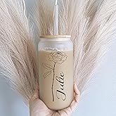 Personalized Glass tumbler with straw and bamboo lid, Monogrammed Gifts for Women - 16 oz Custom Cup, iced coffee cups with lids, Can Shaped iced coffee tumbler - (BIRTHFLOWER)