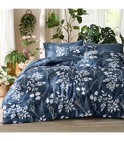 Luxudecor Set Biancheria Letto King Size 7 Pezzi Blu Navy Con Motivo Floreale - Morbida Microfibra - 3