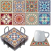 Purpeak 8 Pcs Diamond Coasters Diamond Painting Coasters DIY Mandala Kits with Holder Square Boho Paisley Art 5d Kits for Beginners Adults Craft