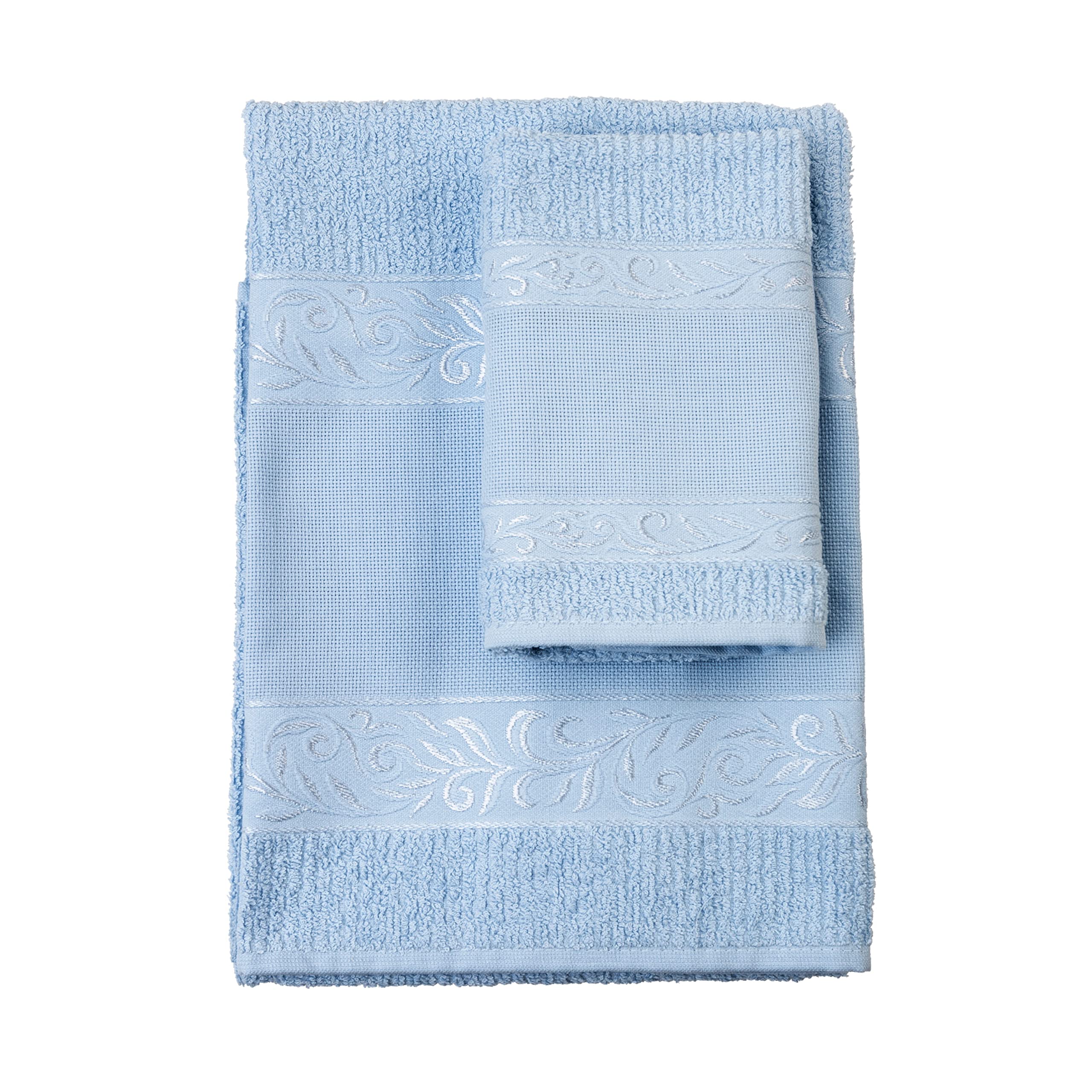 FILET - Guest Towel Set with Aida Insert for Embroidery, Made of 100% Cotton Terry Towelling, Soft and Absorbent, Skin-Friendly, 100% Made in Italy, Solid Colour, Sky Blue