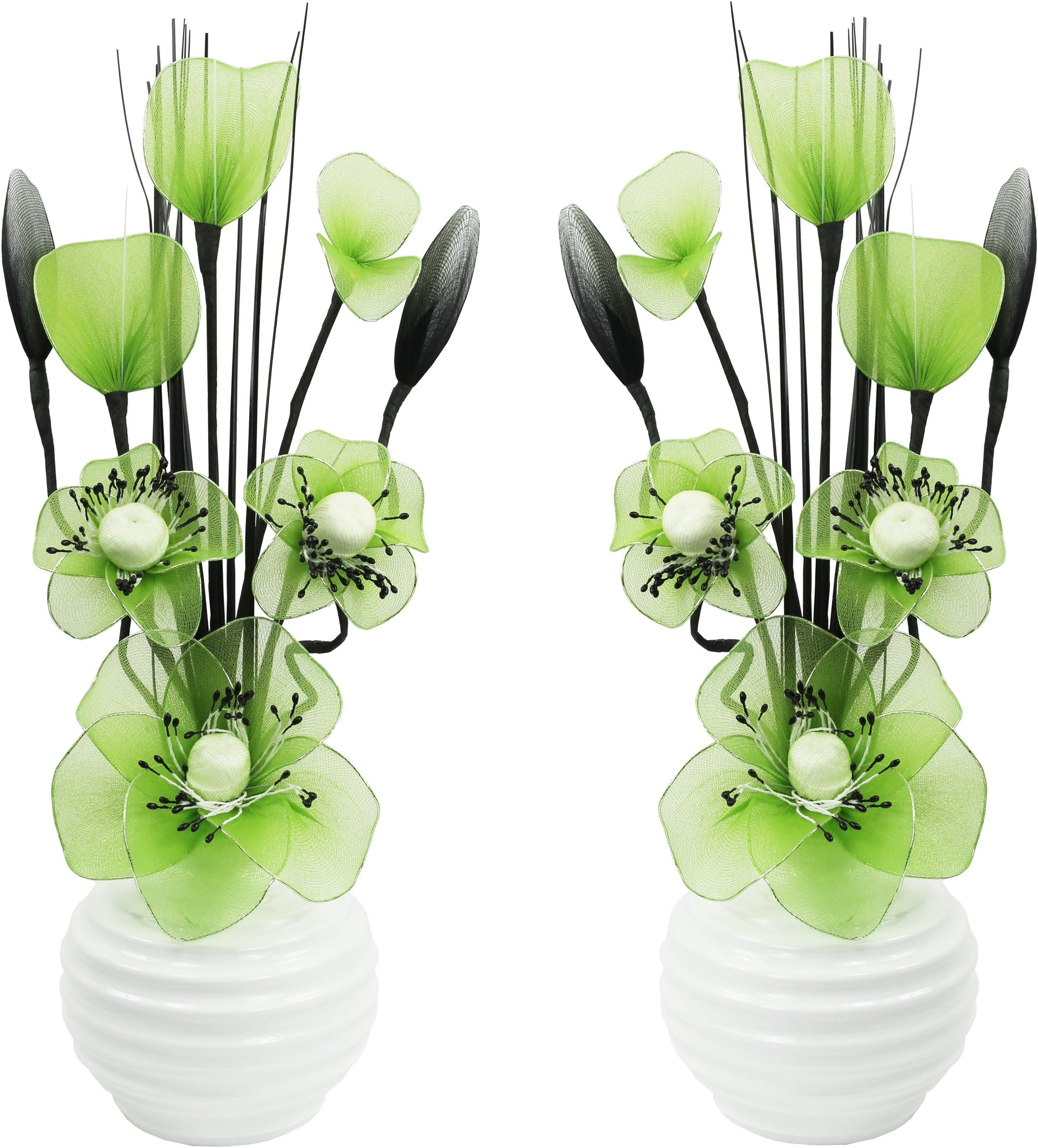 Matching Pair of White Vases with Lime Green Artificial Flowers, Ornaments for Living Room, Window Sill, Home Accessories, 32cm