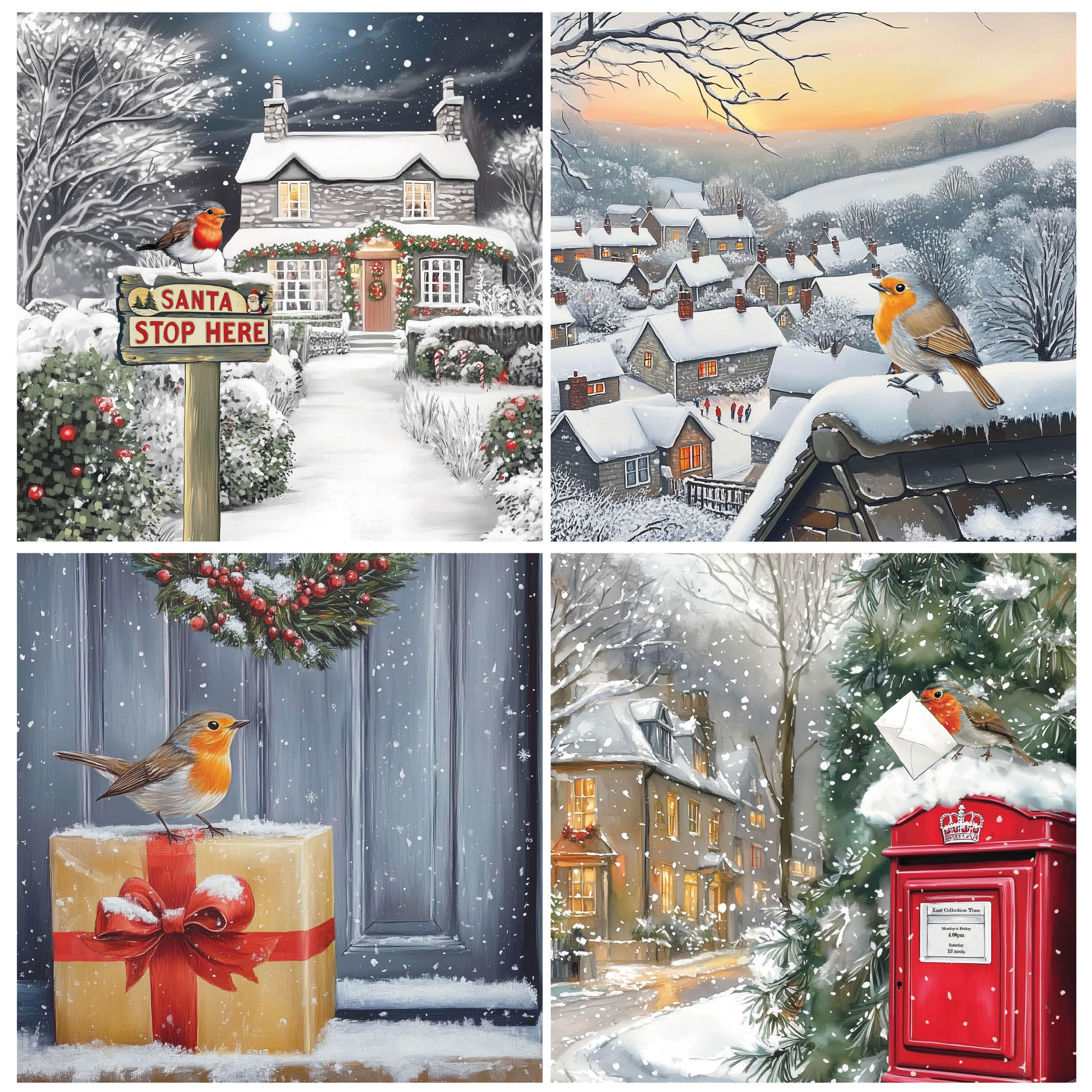 Charity Christmas Cards Pack of 24. Each Christmas Card multipack has 4 different Robin designs. Large size 150x150mm. Verse Inside. Ecofriendly and UK made.