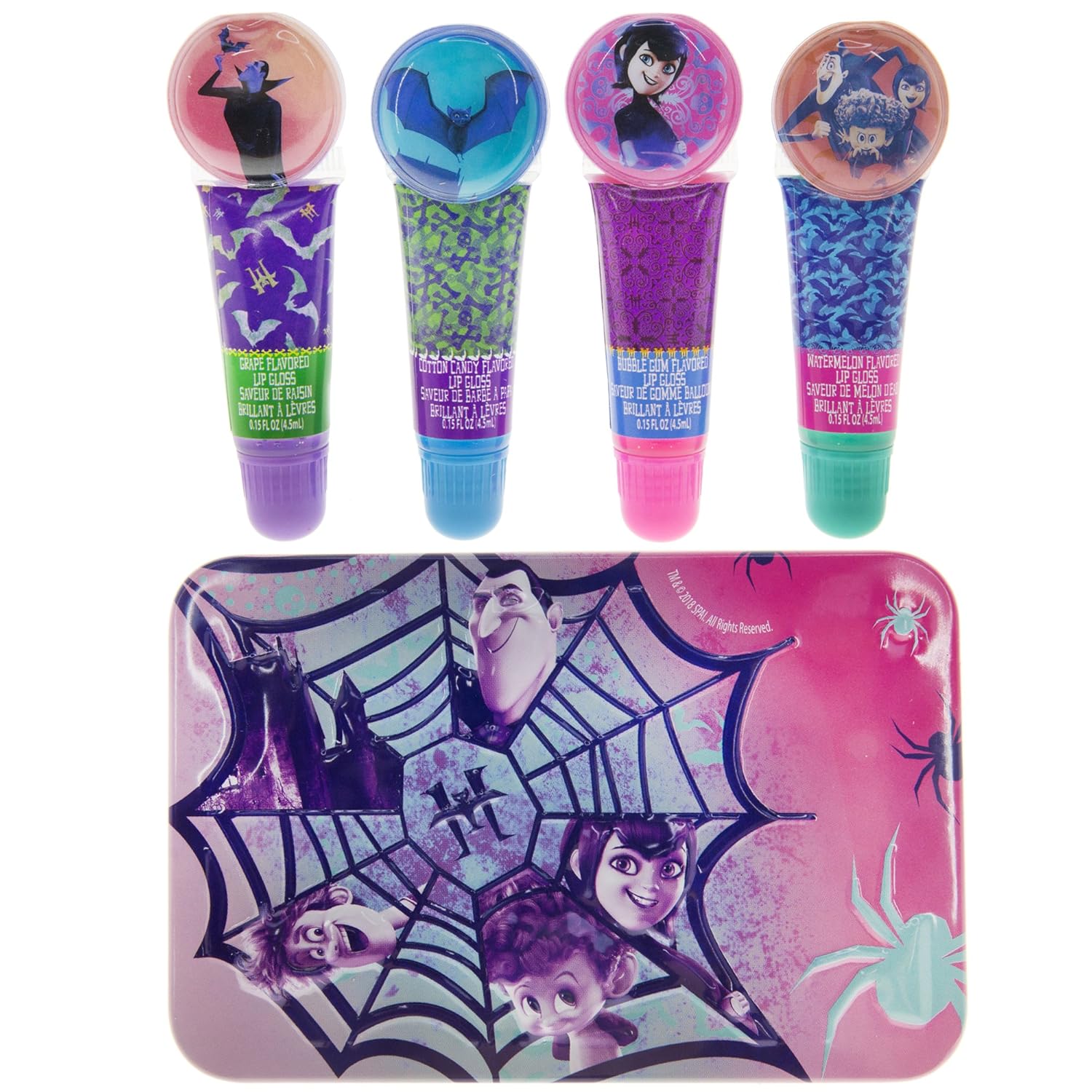 Townley Girl Hotel Transylvania Sparkly Lip Gloss Set For Girls, 4 pack with Decorative Tin