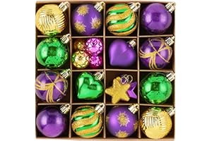 Valery Madelyn 28Pcs Mardi Gras Heart Shaped Ornaments Gift Pack, Christmas Craft Painted Tree Heart Decorations, Purple Green Gold Christmas Baubles Hanging Holiday Party Decor