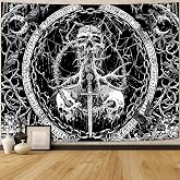 Rexful Gothic Skull Tapestry Wall Hanging Black and White Horror Aesthetic Skeleton Mystic Dagger Ravens Tapestries for Bedroom Wall Art for Living Room, Bedroom, Dorm (Skull 2, 48''×36'')