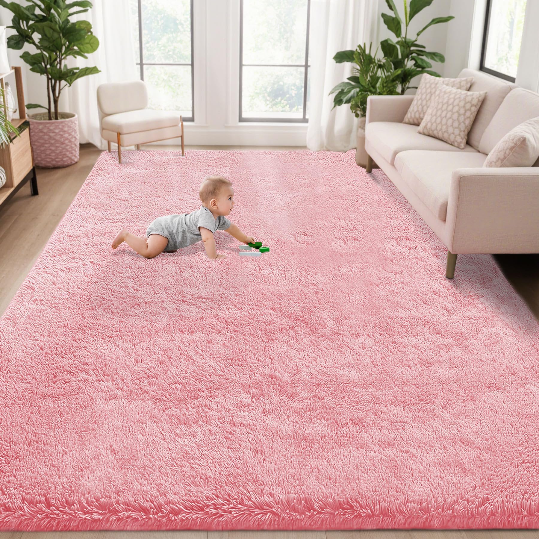 Photo 1 of 5x8 Area Rug for Living Room: Fluffy Shag Soft Washable Rugs Fuzzy Plush Indoor Carpet for Bedroom Nursery Playroom Dorm Kids Girls Boys Room (Pink, 5'x8')