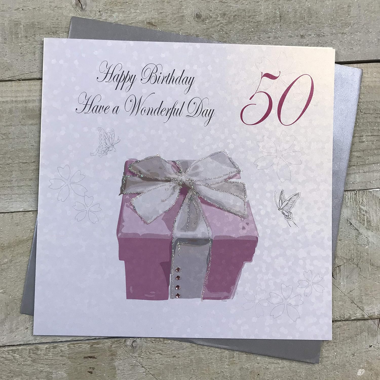 White Cotton Cards Large Happy Wonderfu Day, Pink Present Handmade 50th Birthday Card, XPB50, 22cm x 22xm
