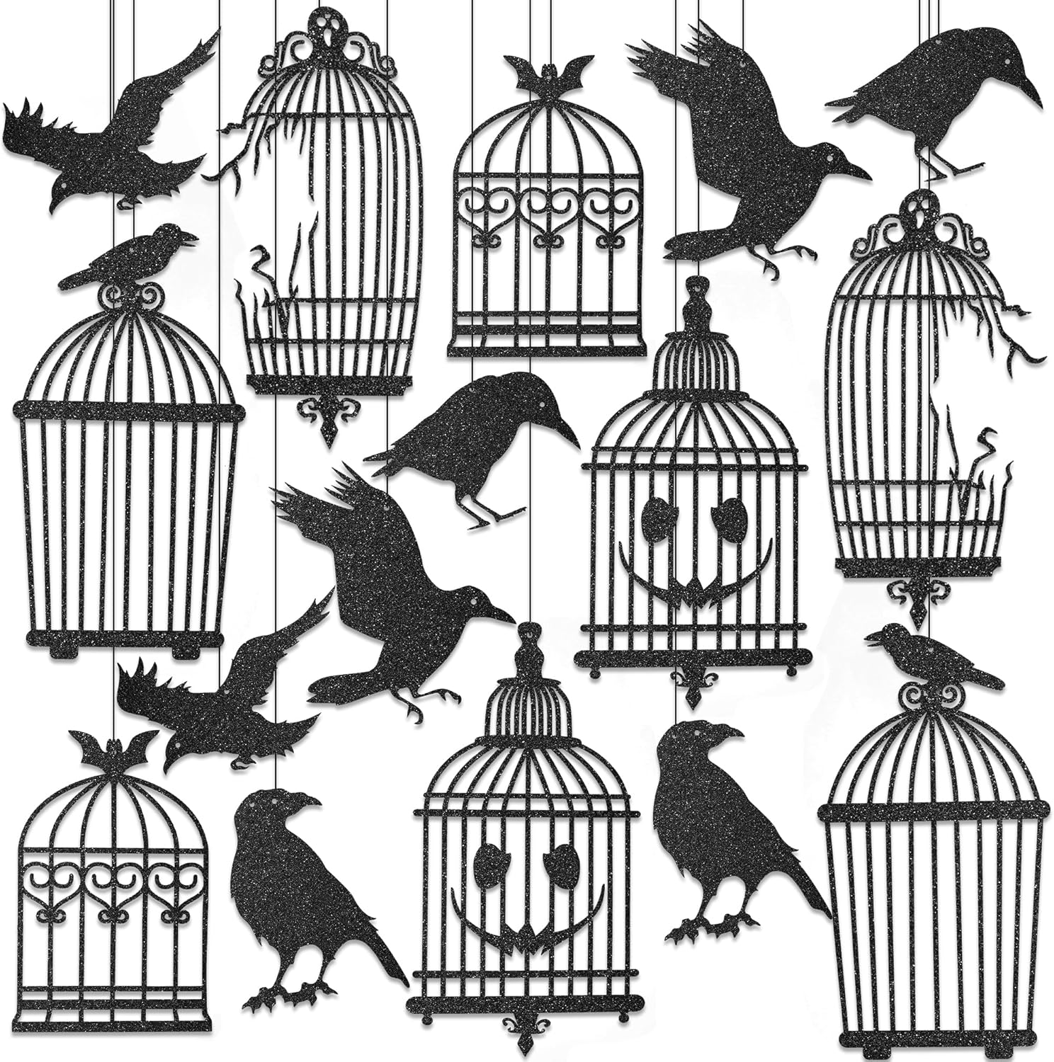 Wreaths, Garlands & Swags - KatchOn, Glitter Black Crow Cage Decorations - Pack of 16 | Crow Halloween Garland for Halloween Hanging Decorations | Raven Garland for Halloween Ceiling Decorations, Crow Halloween Decorations
