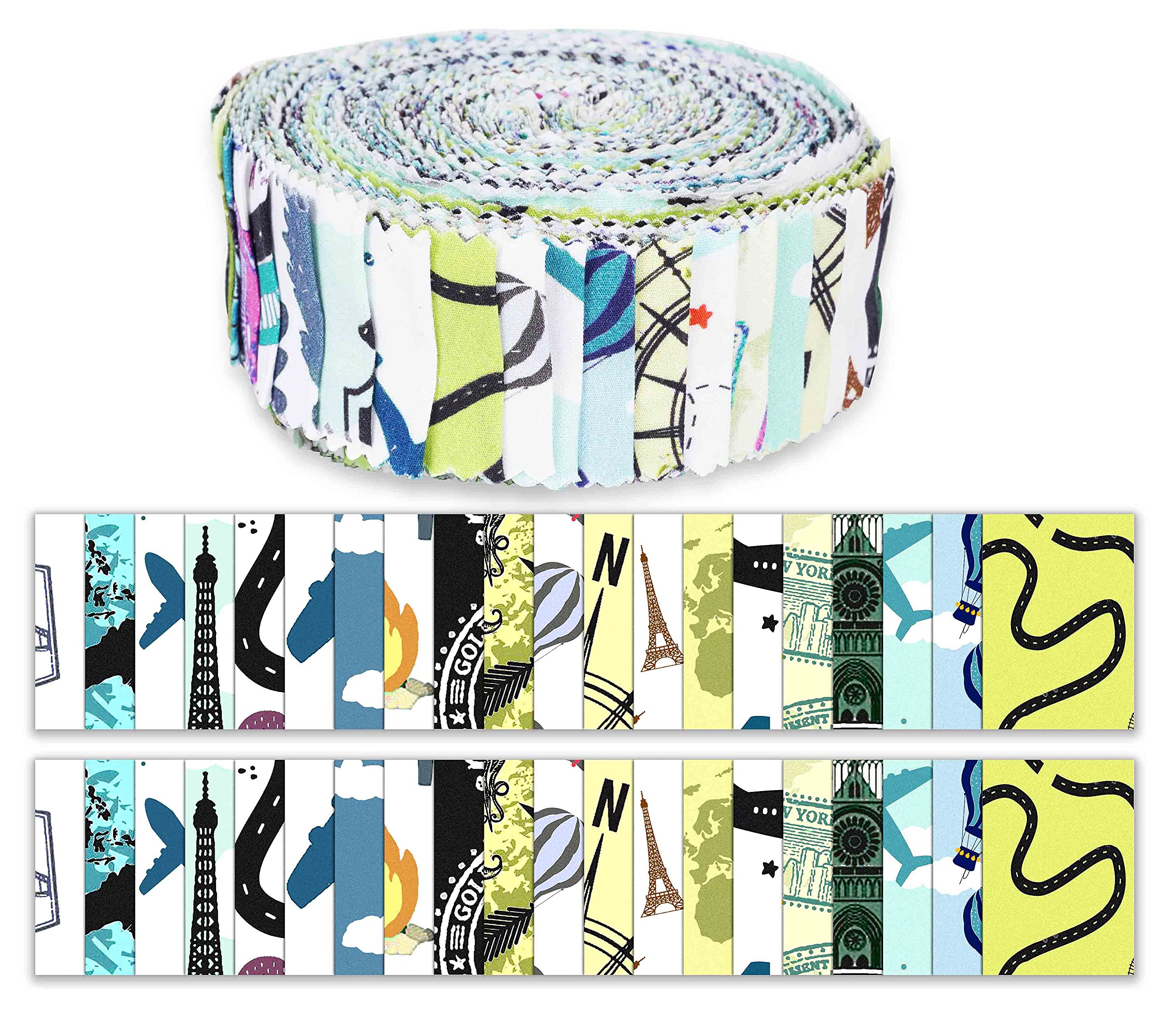 Soimoi 40Pcs Travel Print Precut Fabrics Strips Roll Up 1.5 inches Cotton Jelly Rolls for Quilting - Medium Blue