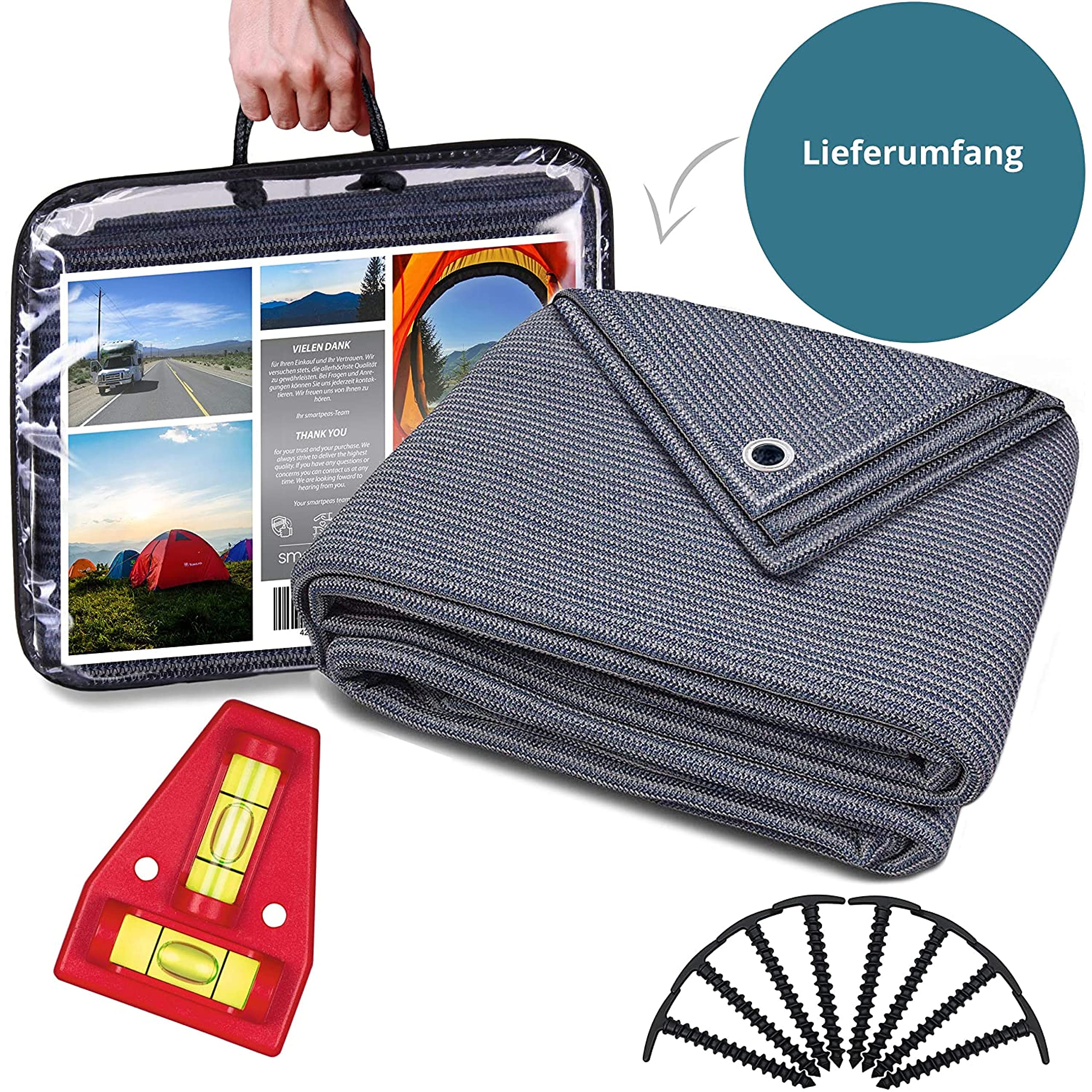 smartpeas Vorzeltteppich 250x400 cm - Camping Outdoor Teppich Blau/Grau - Camping Vorzeltteppich ist Aus Polyethylen (HDPE) Mit Edelstahl-Ösen Robust und Waschbar 7