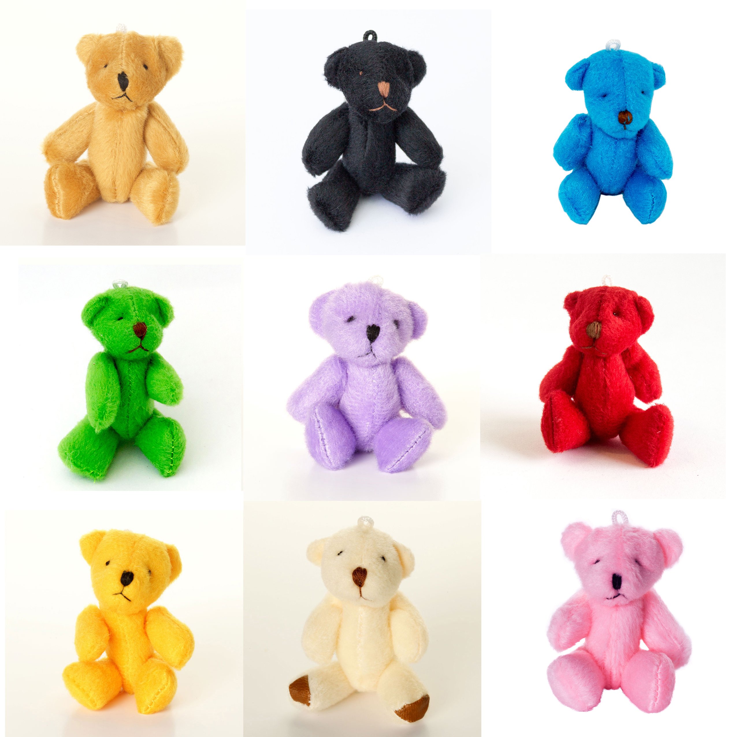 NEW - 9 X Assorted Small Cute Teddy Bears - Black Blue Brown Green Orange Pink Purple Red White