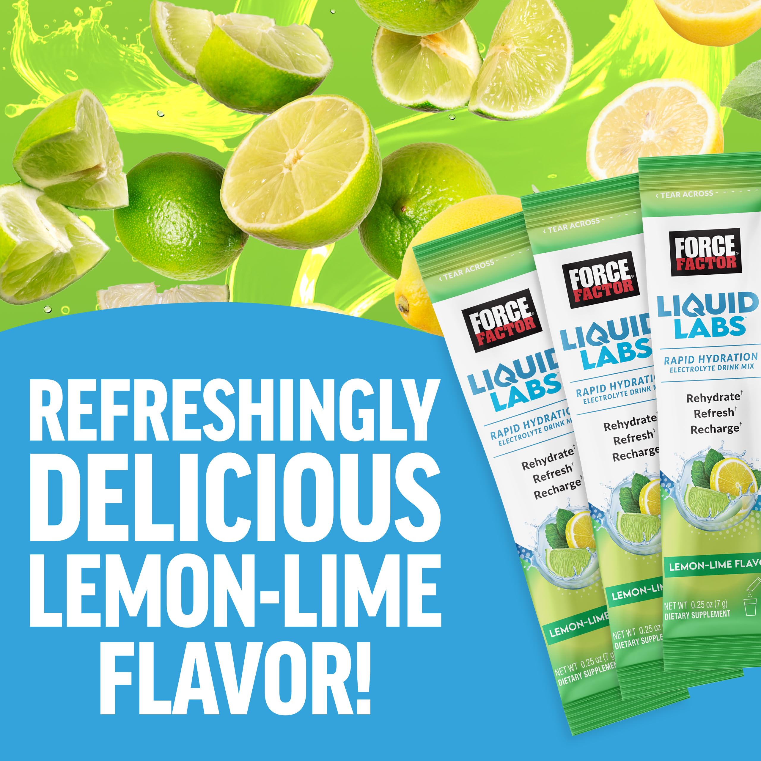 FORCE FACTOR Liquid Labs Electrolytes Powder Packets—Lemon Lime—Hydration Packets to Make Electrolyte Water with 5 Essential Electrolytes, Vitamins, Minerals, and Antioxidants, 20 Stick Packs
