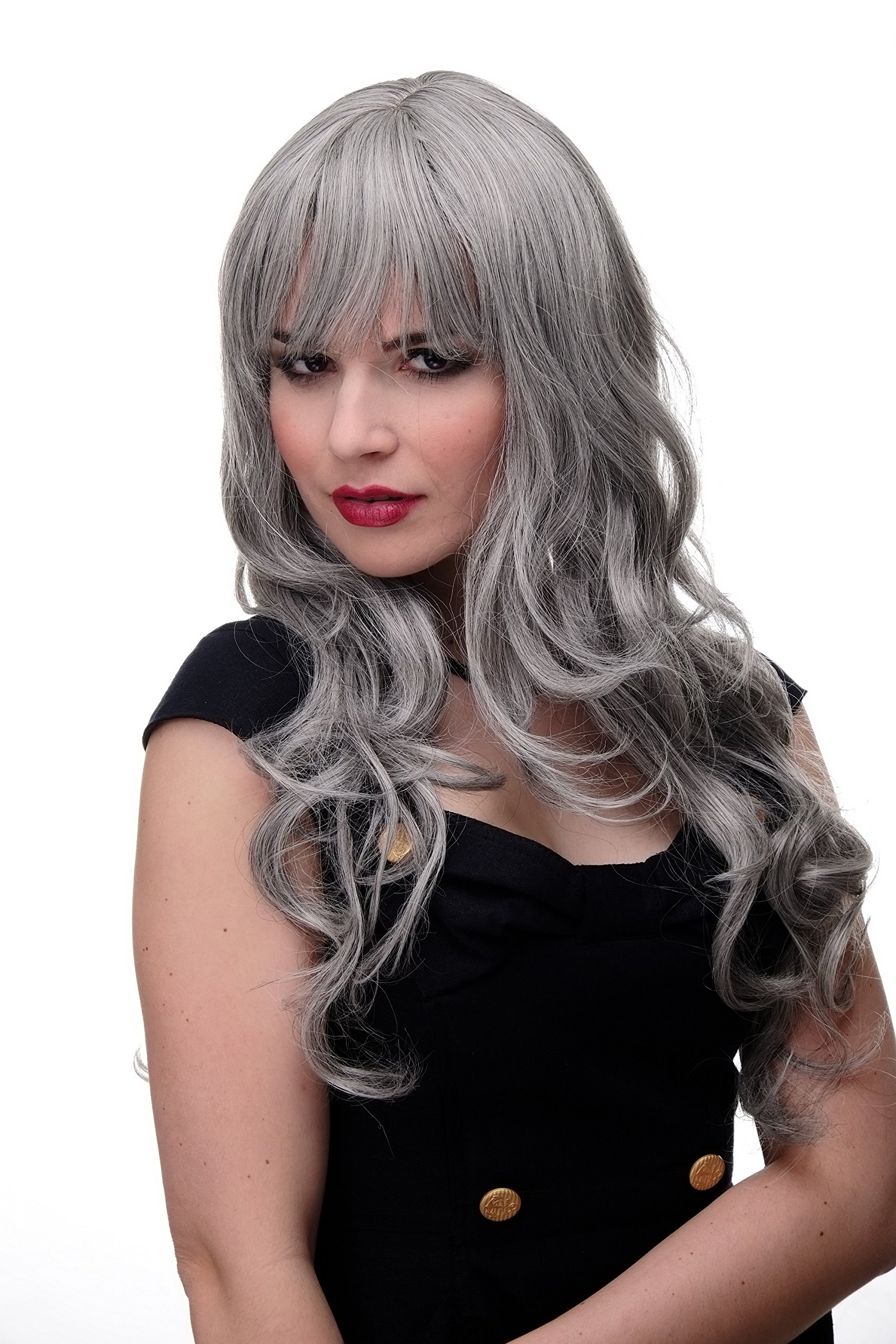 WIG ME UP 285-51 Lady Quality Wig very long beautiful curling ends straight top fringe bangs silvery grey approx 25inch