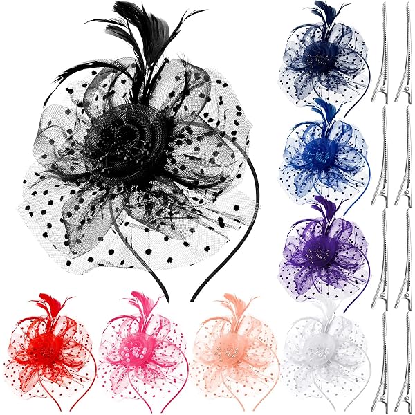6-Piece Women\'s Fascinator Set with Feathers Mesh Flowers Vintage Style Amazon.com: Patelai 8 Pieces Fascinators Hats for Tea Party  main image 2