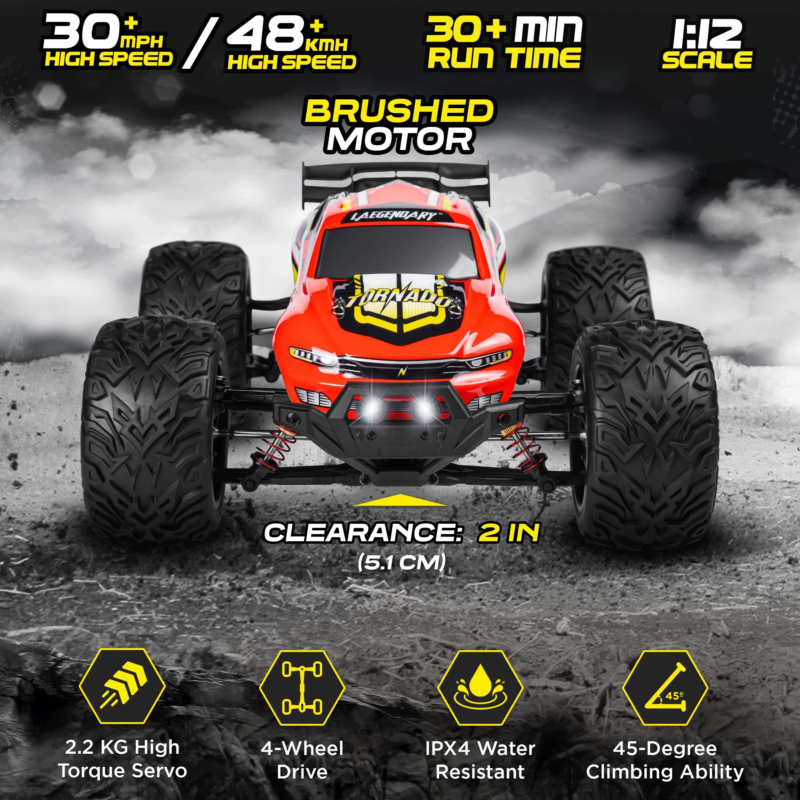 LAEGENDARY 1:12 Scale Large RC Cars 48+ kmh Speed - Remote Control Car 4x4 Off Road Monster Truck Electric - All Terrain Waterproof Trucks for Adults - 2 Batteries + Connector for 30+ Min Play