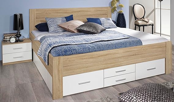 Rauch Bett mit 6 Schubkästen Eiche Sonoma/alpinweiß 180 x 200 cm Schubladenbett Funktionsbett