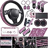 CAR PASS 30 PCS Bling Pink Car Set for Women, Bling Steering Wheel Covers Set 15 Inch, Shining Rhinestone License Plate Frame, Sparkly Diamond Phone Holder, Cute Interior Set Decorations, Pink Diamond