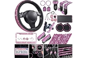 CAR PASS 30 PCS Bling Pink Car Set for Women, Bling Steering Wheel Covers Set 15 Inch, Shining Rhinestone License Plate Frame, Sparkly Diamond Phone Holder, Cute Interior Set Decorations, Pink Diamond