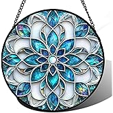 JOSUMALY Stained Glass Window Hanging - Blue White Abstract Flowers Suncatcher for Door Terrace Garden Home Decor Boho Sun Catcher Birthday Gifts for Lovers Women Men Dad Mom Nana 7.8 in
