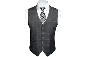 HISDERN Men's Suit Vest Plaid Dress Vest for Men Slim Fit Formal Business Waistcoat Tuxedo V-Ncek Solid Vest for Wedding