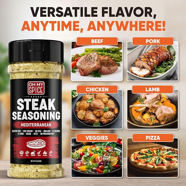 STEAK SEASONING PIZZA SEASONING BLEND MIX – GLUTEN FREE & LOW SODIUM ITALIAN SEASONINGS FOR BEEF & RIBEYE STEAKS. MEDITERRANEAN SPICES FOR COOKING. MEAT SEASONINGS FOR GRILLING. STEAK RUB SALT. 5.5OZ