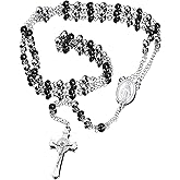 Black Silver Rosary Necklace with Crucifix and Miraculous Medal, 5-Decade Catholic Prayer Beads Chain for Men Women Teens, Our Lady Virgin Mary Rosary Jewelry Gift for Confirmation First Communion RCIA