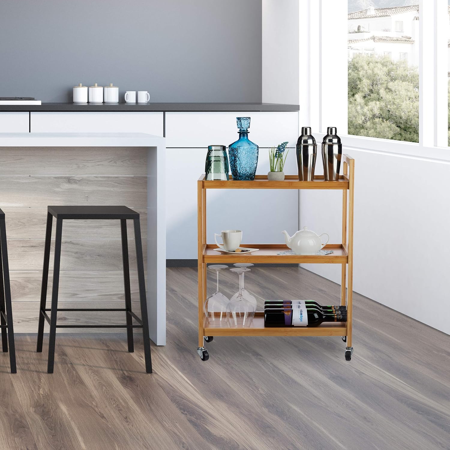 Relaxdays Bamboo Serving Trolley, 3 Tiers, Natural Look, 360° Casters, Bamboo, HxWxD: 76x58x30 cm, Natural - Image 3