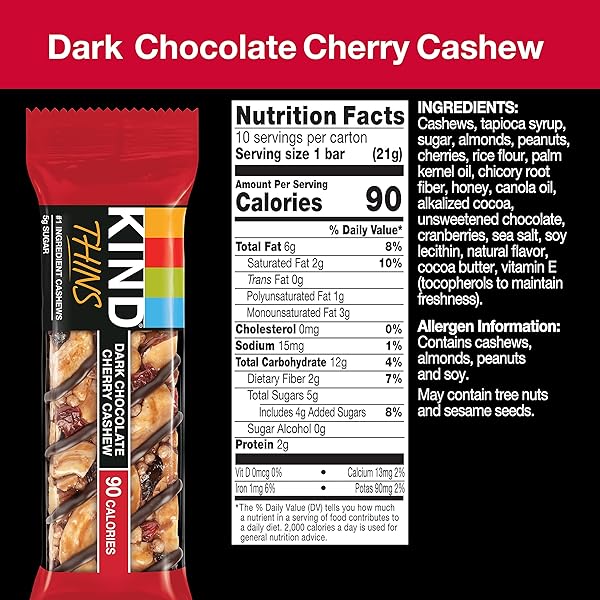 KIND THINS SNACK BARS, DARK CHOCOLATE CHERRY CHASHEW, GLUTEN FREE, LOW CALORIE, HEALTHY SNACKS, 5G SUGAR, 10 COUNT
