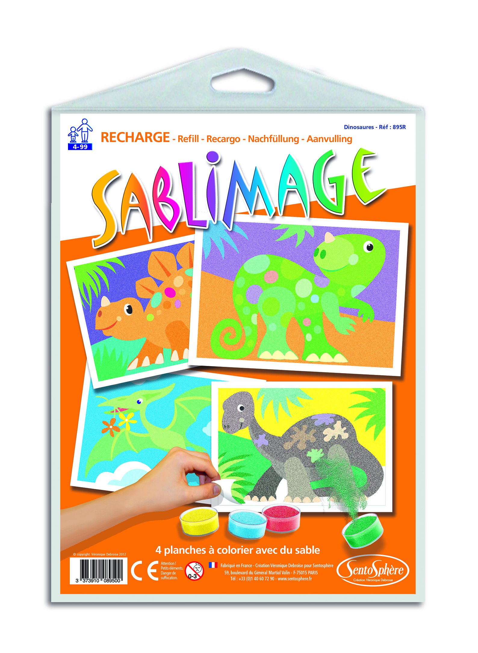 Sentosphère - SABLIMAGE Refill – DINOSAURES – 895R – Creative Leisure Kit – 4 Colouring Boards with Sand – For ages 4 and up – Made in France