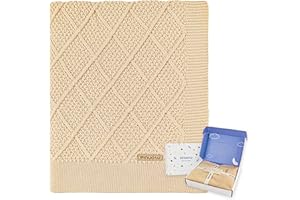 Pinuotu Knitted Cotton Baby Blanket – Neutral Receiving Swaddle Blanket for Boys & Girls, Newborn Toddler Nursery, Crib or Stroller Use, 31×40 Inch, Gift Box Included (Beige)