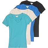 4 Pack Zenana Women's Basic V-Neck T-Shirts Small Black, Taupe, S Teal, B Blue