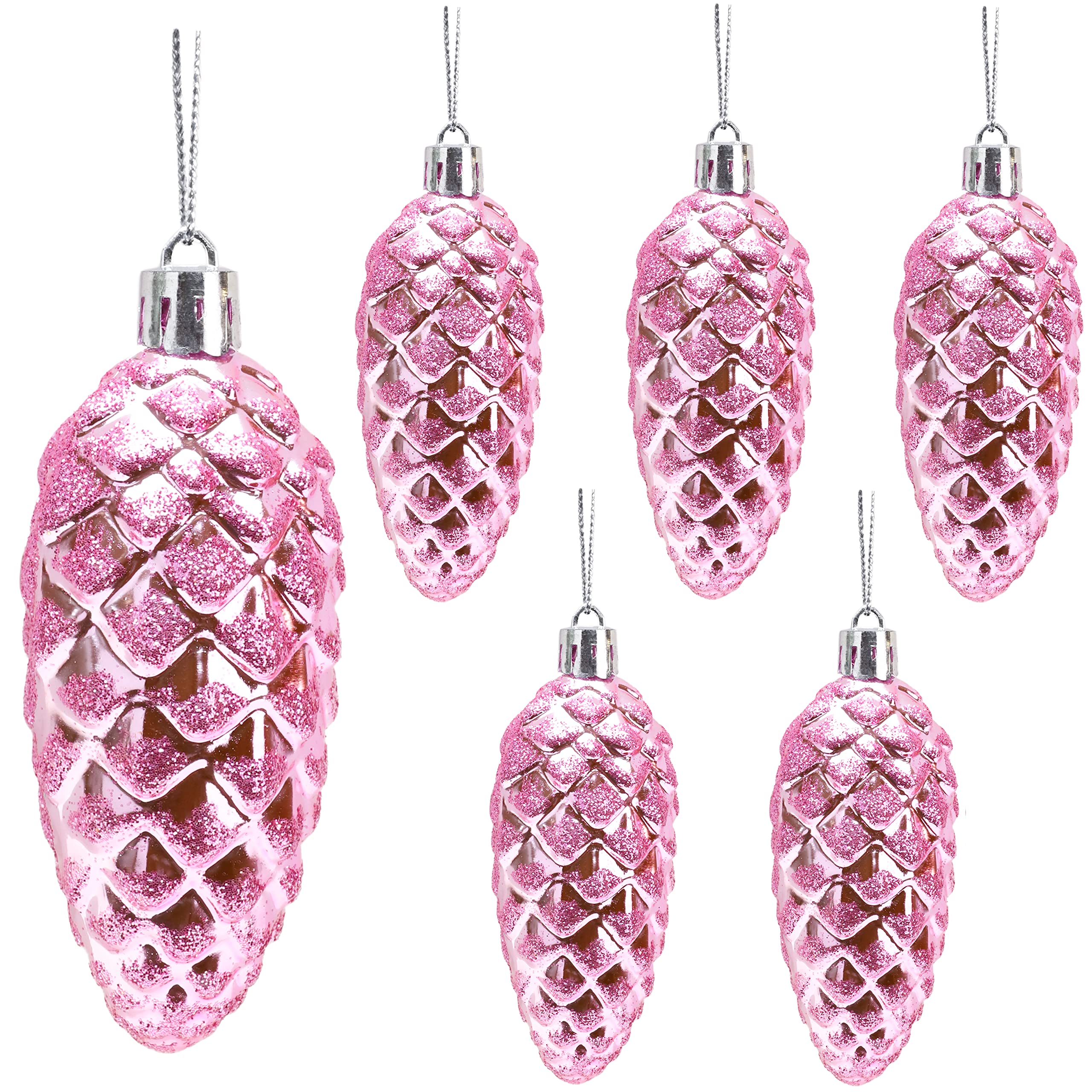 Christmas Concepts® Pack of 6-90mm Pine Cone Baubles – Shiny and Glitter Decorated – Luxury Christmas Decorations (Baby Pink)