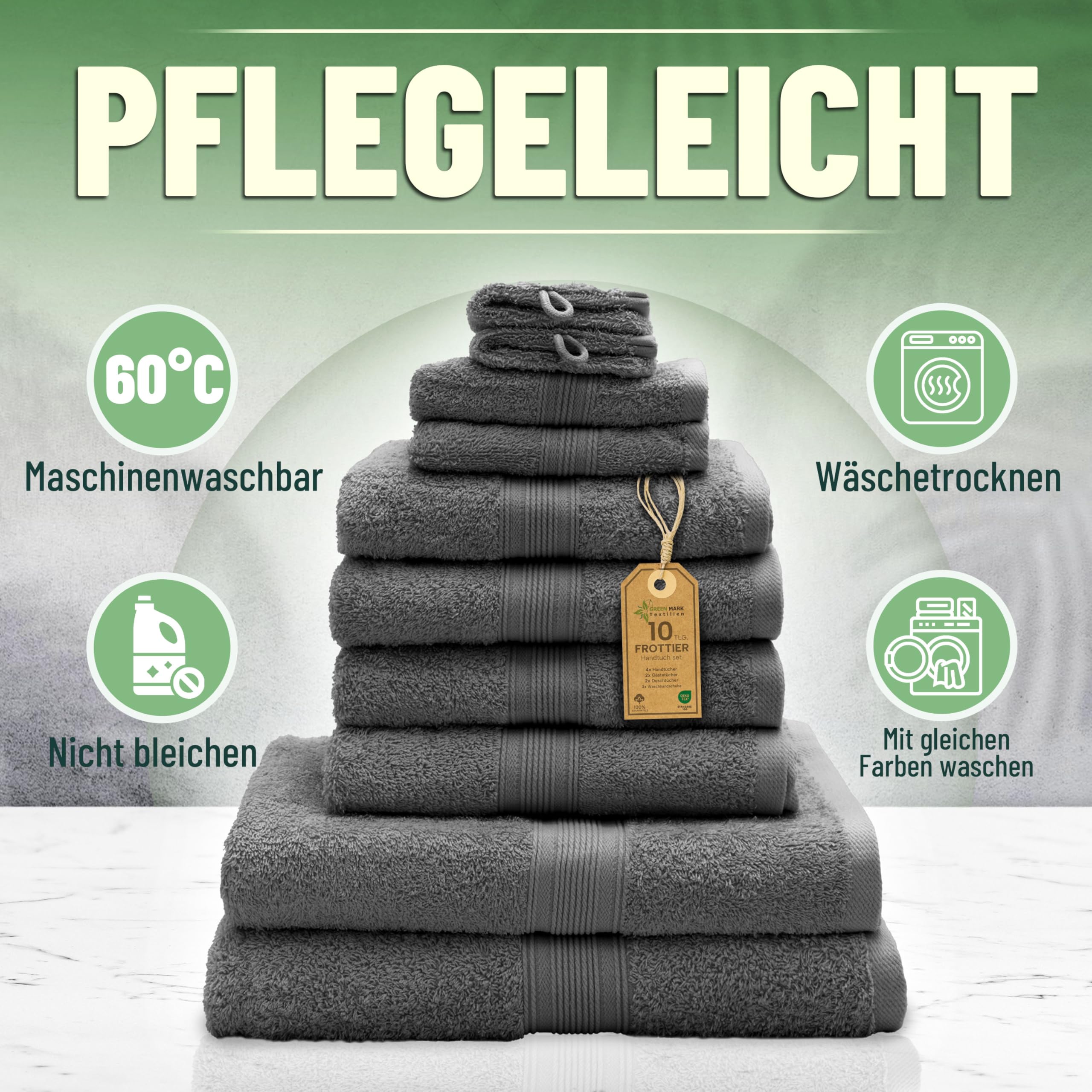 Green Mark Handtuch-Set mit 10 Teilen – 100% Baumwolle – 4 Handtücher 50 × 100 cm, 2 große Duschtücher 70 × 140 cm, 2 Gästetücher 30 × 50 cm und 2 Waschhandschuhe – Anthrazitgrau 8