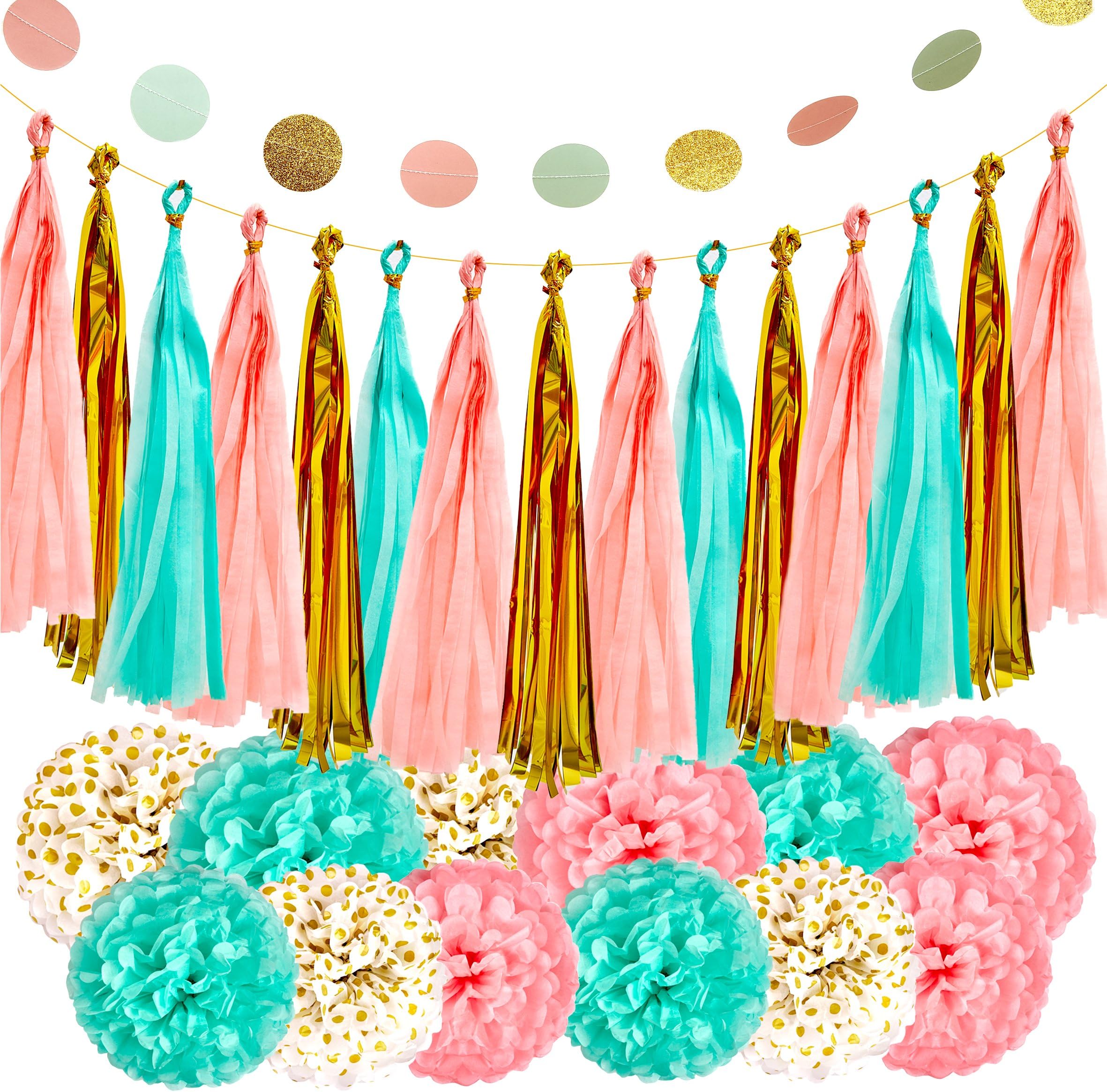 Mint Peach Gold Party Decorations Paper Garland for Baby Shower
