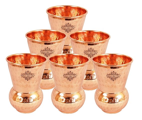 IndianArtVilla Hammered Copper Glass Tumbler, Drinkware & Serveware Set, Yoga Ayurveda Healing, 300 ML Each, Set of 6