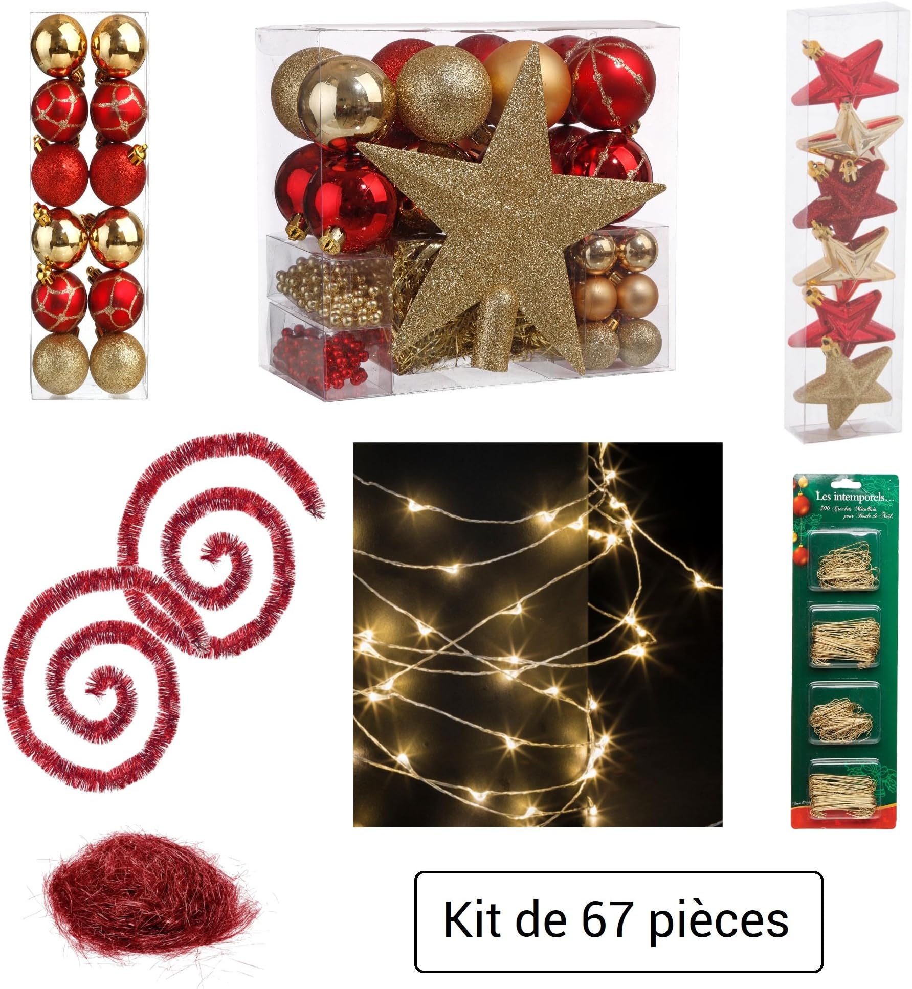 Christmas decoration kit: 64 piece Christmas tree decoration kit- garlands, baubles, stars, treetop star, angel hair and hanging hooks- TRADITIONAL THEME- Colour: RED and GOLD