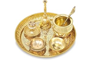 BENGALEN Brass Pooja Thali Set Small 6 Inch Puja Thali with Pital Plate Kalash Kuber Diya Chandan Wati Agarbatti Stand Ghanti Palli Arti Thali for Diwali Home Office Mandir Wedding Return Gift Items