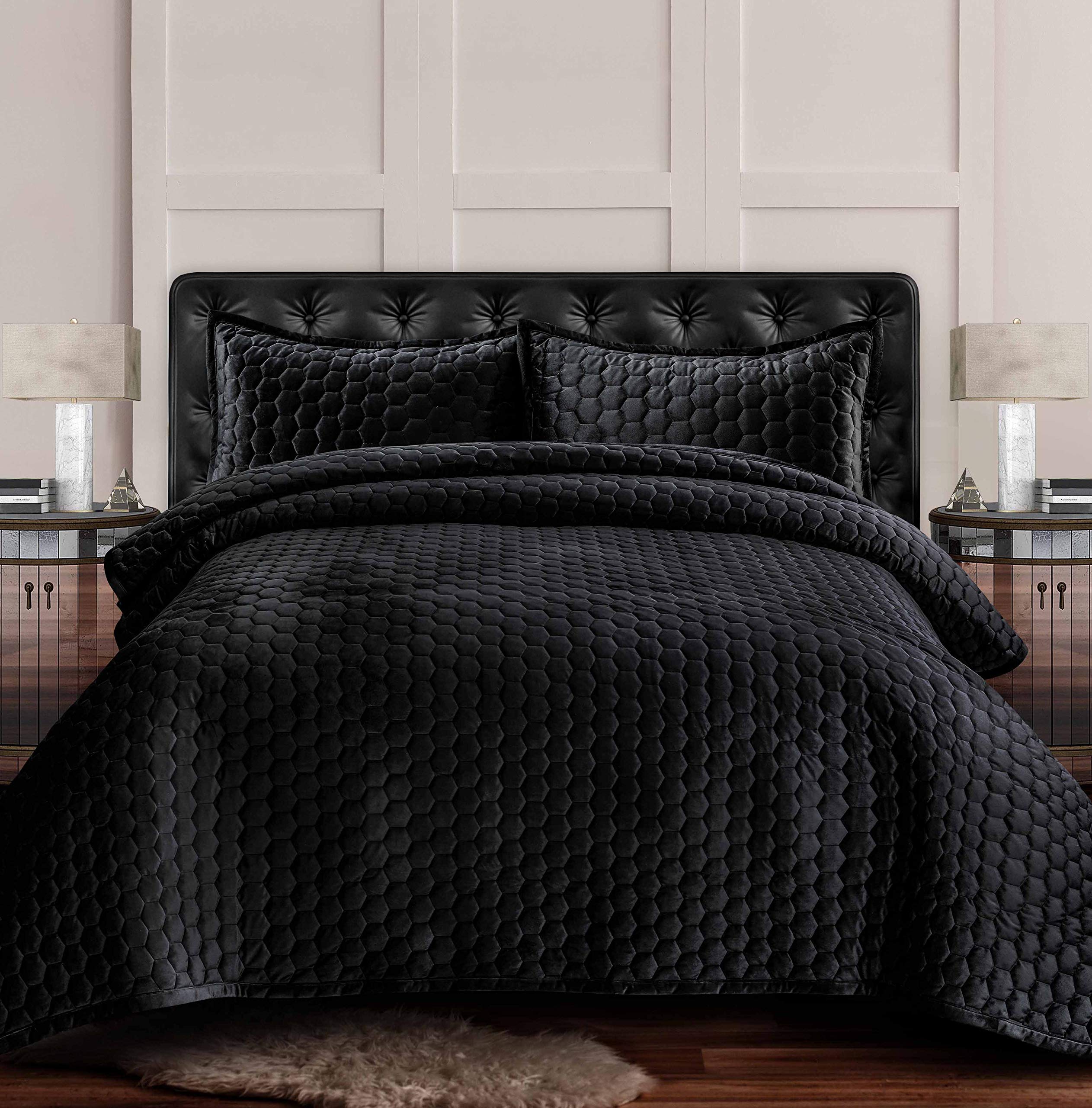 Tribeca Living LUGANOQUIQUST Velvet Oversized Quilt Set, Queen, Steel Grey