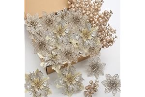 BSTDECOR Champagne Poinsettias Artificial Christmas Flowers, 28 Pack Artificial Christmas Flowers and Berry Stems for Christmas Tree Xmas Decorations Home Decor for Wreath Holiday Weeding Party Indoor Outdoor