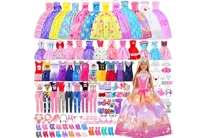 MINIFUN 135 Pcs Doll Clothes and Accessories with Doll, Princess Gowns, Fashion Dresses, Slip Dresses, Top, Pants, Jumpsuit, Swimsuits, Shoes, Hangers, Doll Dress up Toys for Girls Kids Toddlers Toy Gifts