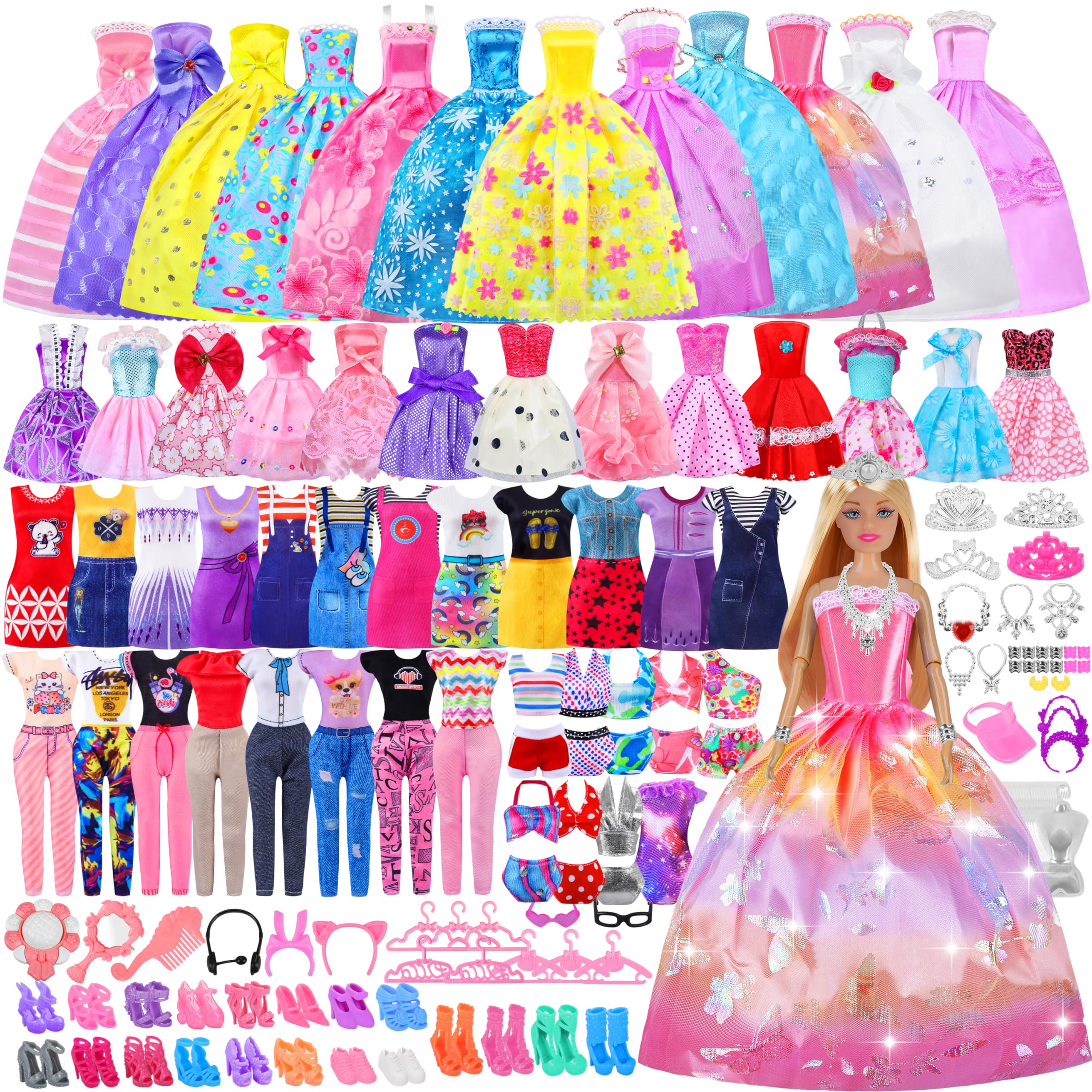 View 1 of 135 Pcs Doll Clothes and Accessories with Doll, Princess Gowns, Fashion Dresses, Slip Dresses, Top, Pants, Jumpsuit, Swimsuits, Shoes, Hangers, Doll Dress up Toys for Girls Kids Toddlers Toy Gifts