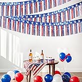 4th of July Decorations 2 Packs 39 Feet Metallic Banner Foil Fringe Garland, Red White and Blue Tinsel Streamers Hanging Backdrop American Flag Star for Parade Floats Memorial Day Patriotic Party