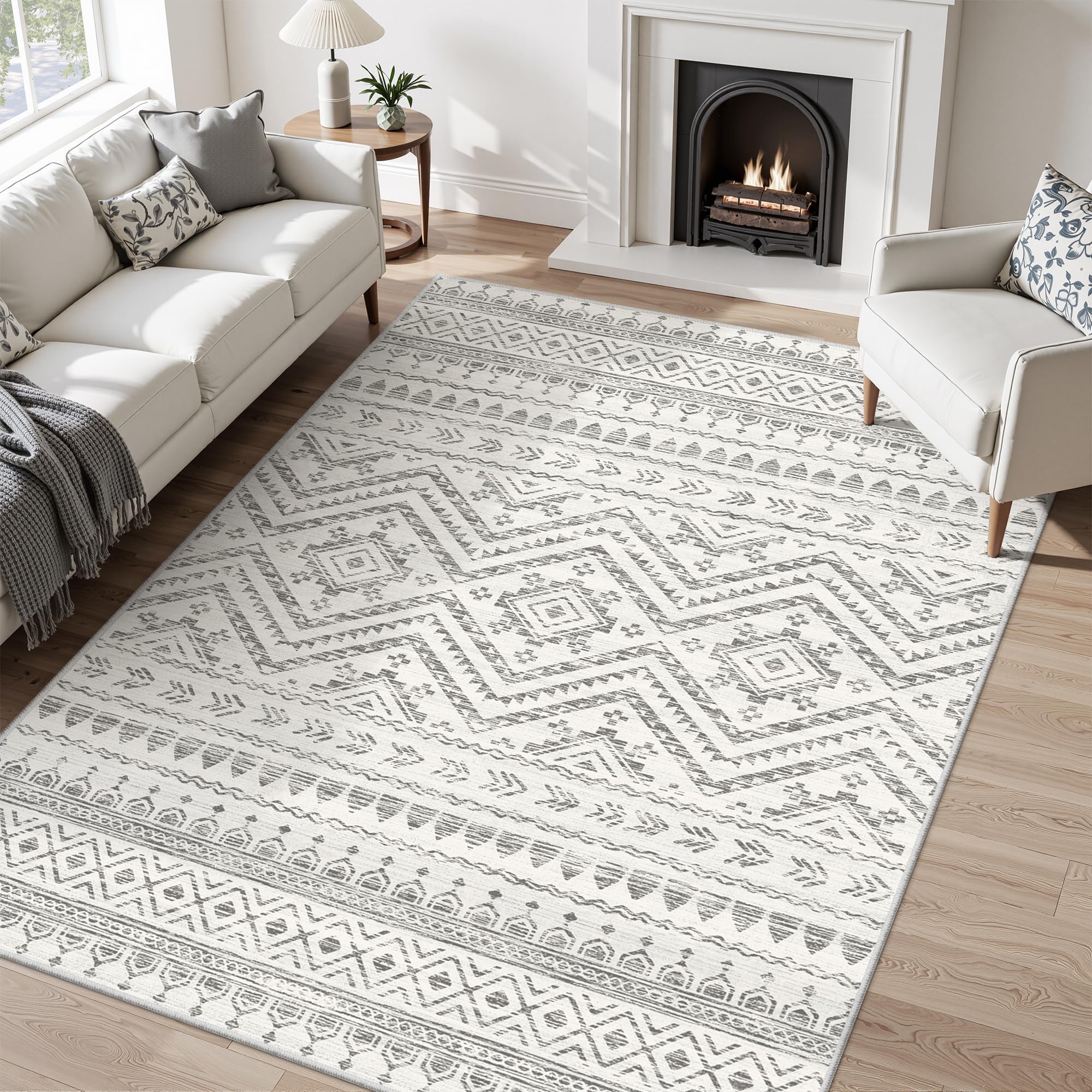 Miukiki 5x7 Area Rug for Living Room Moroccan Washable Rugs Non Slip Indoor Floor Carpet Foldable Large Soft Area Rug for Dining Room Bedroom with Low Pile(Grey,5'x7') Image