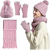 Winter Scarf Gloves and Hat Set for Women, Beanie Hat Long Scarf Touchscreen Gloves, Warm 3 in 1 Set for Womens Girls