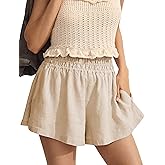 Tomosc Linen Shorts for Women Summer Casual Elastic High Waisted Wide Leg Loose Beach Shorts with Pockets