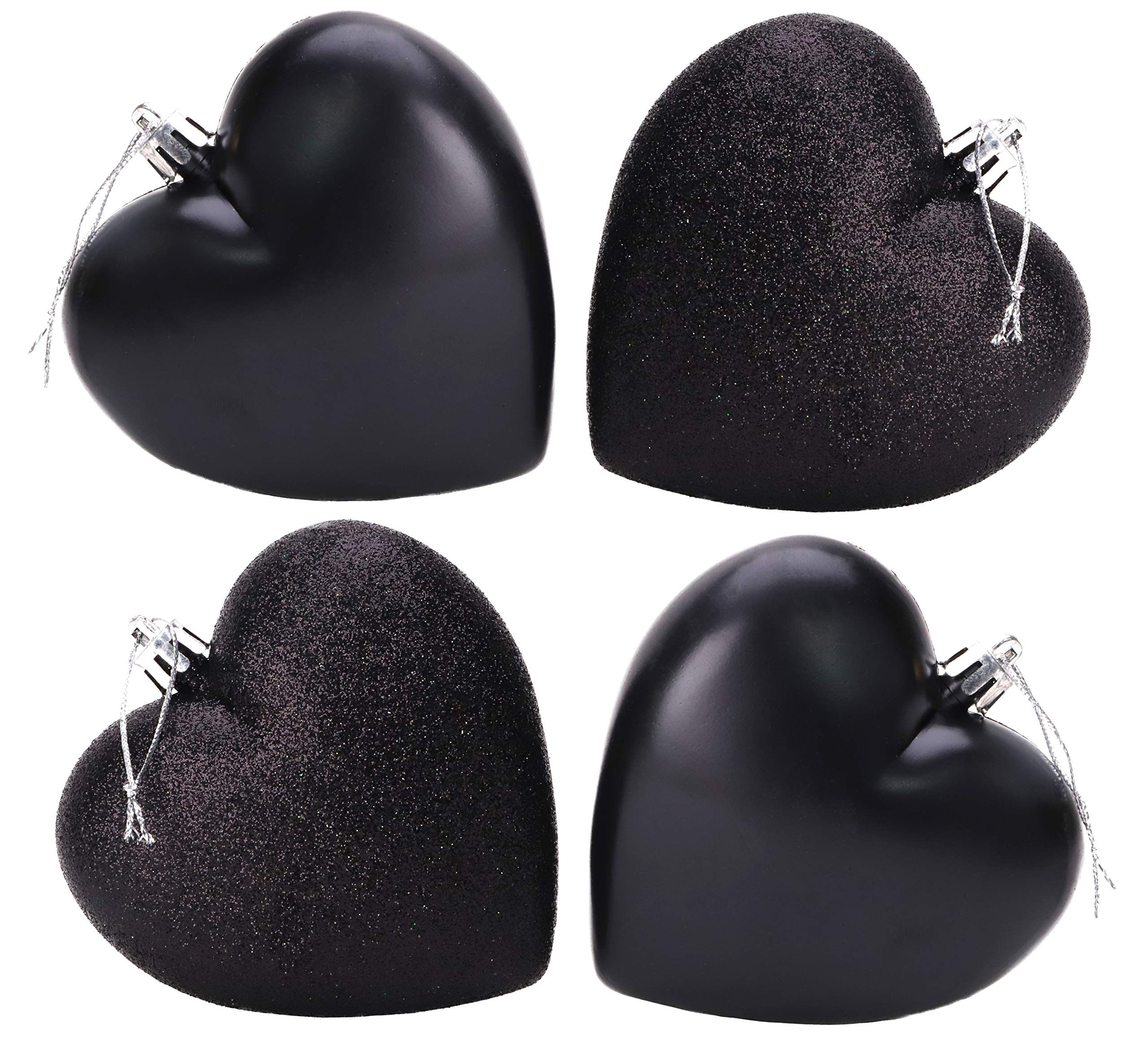 Christmas Concepts® 4-100mm Heart Shaped Baubles - Matte & Glitter Design - Christmas Decoration (Black)