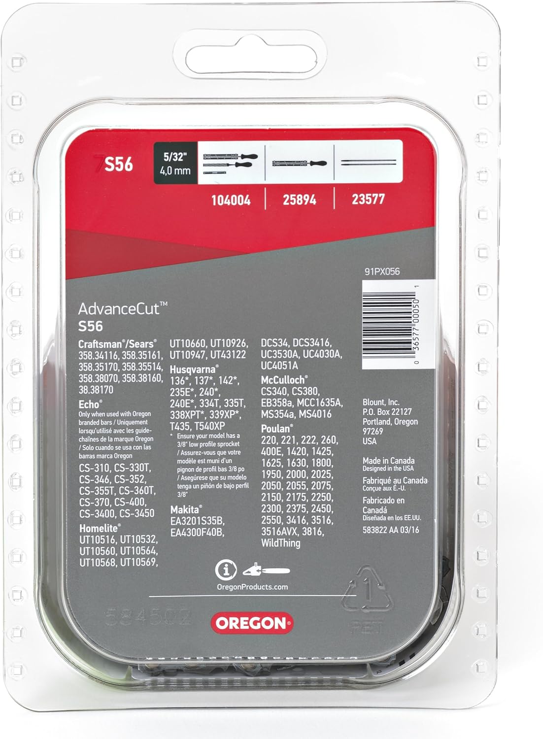 Oregon S56 AdvanceCut Chainsaw Chain for 16-Inch Bar, Fits Echo CS-400, CS-310, CS-352 and CS-370, Poulan 2150 and 3816, Makita EA4300F40B, Ryobi RY3716 and more; 56 Drive Links: Garden & Outdoor